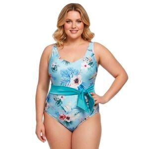LYSA 1X (18W/20W) Nadia Blue Floral V-neck Swimsuit Open Back Tummy Smoothing